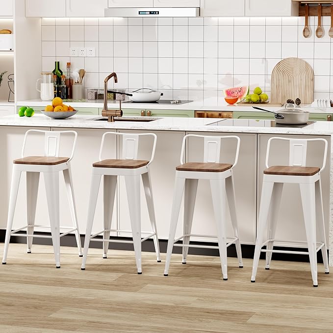 WENTMENT Bar Stools Set of 4 Counter Height Bar Stools Metal Barstools with Removable Back 26" Kitchen Bar Stools with Wooden Seat, Off White