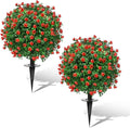 Artificial Topiary Bushes for Outdoors with Spike, Boxwood Ball Fake Shrubs UV Resistant Faux Plants for Indoor Outdoor Fall Thanksgiving Halloween Decor (Artificial Boxwood Ball Bush-Red)