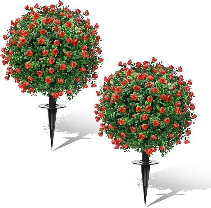 Artificial Topiary Bushes for Outdoors with Spike, Boxwood Ball Fake Shrubs UV Resistant Faux Plants for Indoor Outdoor Fall Thanksgiving Halloween Decor (Artificial Boxwood Ball Bush-Red)