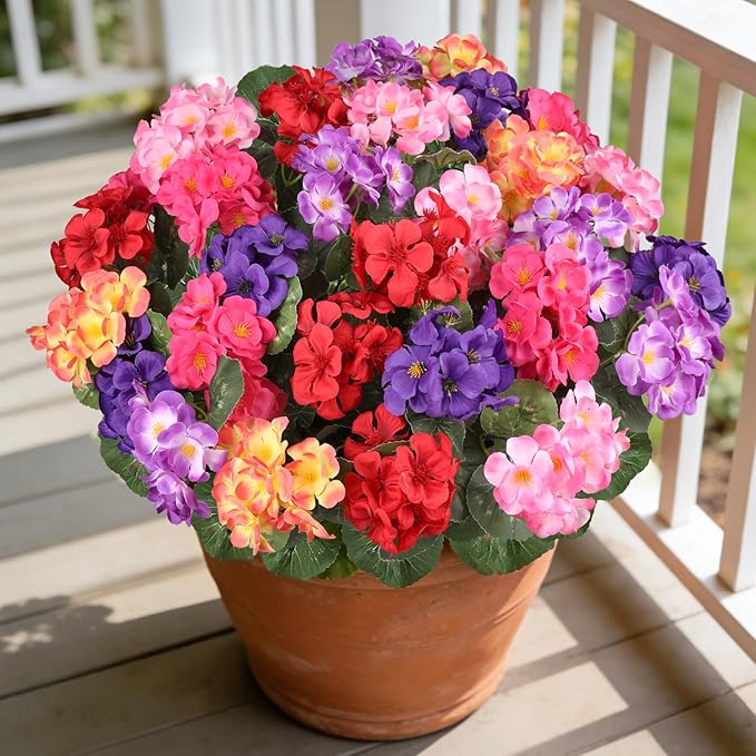 Artificial Geraniums Flowers for Outdoors, 6 Bundles Realistic Silk Fake Geranium, No Fade Faux Plants for Hanging Baskets, Window Boxes, Pots - Porch, Patio, Garden Decor(6 Color)
