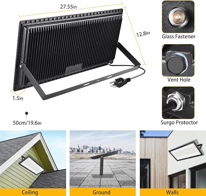 2 Pack 1000W LED Flood Light Outdoor,4250W Equivalent Super Bright 99500LM 5000K Daylight White FloodLight with Plug,IP66 Waterproof Commercial Lighting for Sports Fields,Counts,Arena,Stadium