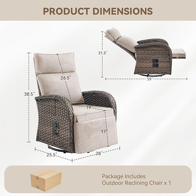 Zero Gravity Patio Swivel Rocking Recliner Chair - Wicker Outdoor Lounge Chair with Adjustable Backrest & Footrest, All Weather Reclining Rocker Chairs with Thick Cushion for Pool Deck Beige