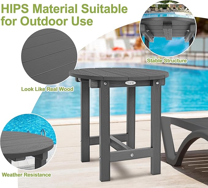 Y&M Outdoor Side Table, Waterproof Four-Legged Round Entryway End Table, Single-Tier HDPE Modern Small Coffee Nightstand for Bedroom, Living Room, Patio, Indoor or Outdoor Use, Dark Gray