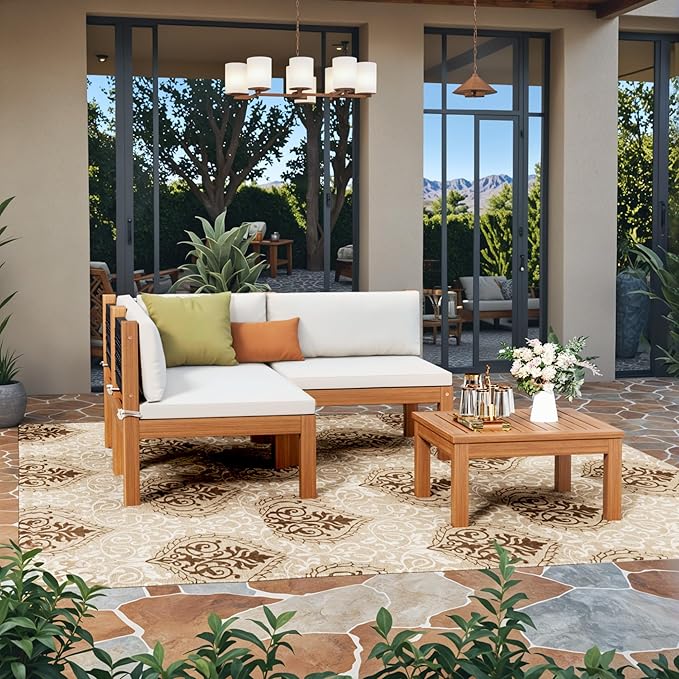 Devoko 4 Pieces Outdoor Sectional Couch Patio Sectional Sofa with Acacia Wood Coffee Table, Outdoor L-Shaped Couch with All-Weather Cushion for Patio,Deck,Backyard(White)
