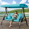 3 in 1 Outdoor Porch Swing with Adjustable Canopy, 3 Seat Outdoor Swing for Adults, Patio Swing Chair with Thickened Cushions,Pillows & Cup Holders for Backyard, Porch, Garden (Lake Blue)