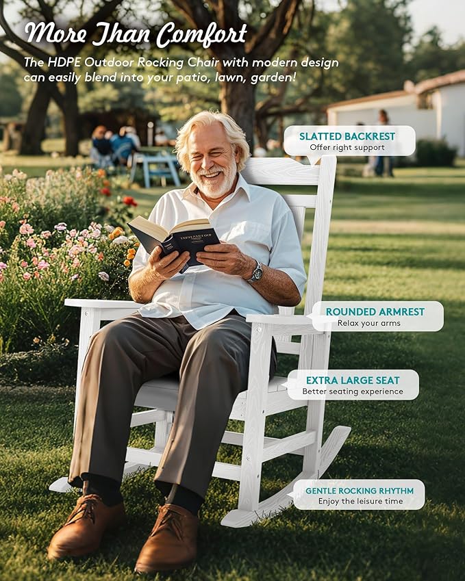 SERWALL Outdoor Rocking Chair White Set of 8, All Weather Patio Rocking Chair, HDPE Poly Rocking Chair for Adults, Heavy Duty Front Porch Rocker