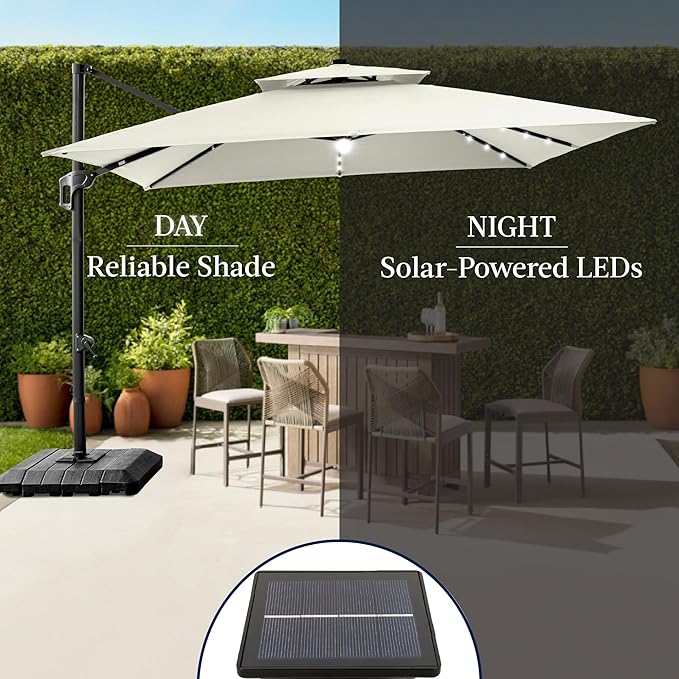 Best Choice Products 12x12ft LED Cantilever Patio Umbrella w/Base Included & 360° Rotation, Large Solar Offset Hanging Outdoor Sun Shade for Deck, Backyard Table w/Stand & Lights – Ivory