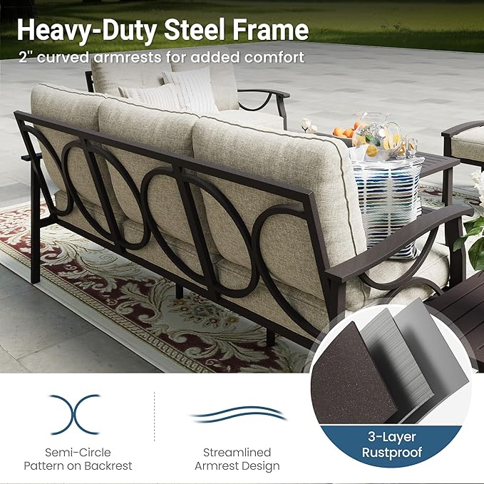 RoyalCraft 2 Pieces Outdoor Single Sofa,All-Weather Patio Metal Armchair,Khaki Metal Furniture with Gray Cushions, Brown
