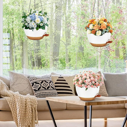 10 inch Hanging Planters for Indoor Plants, 3 Pack Self-Watering Hanging Planter Pots with Chain and Drainage Holes, Outdoor Hanging Baskets for Garden Home Decor (White With Brown, 3pcs/10inch)