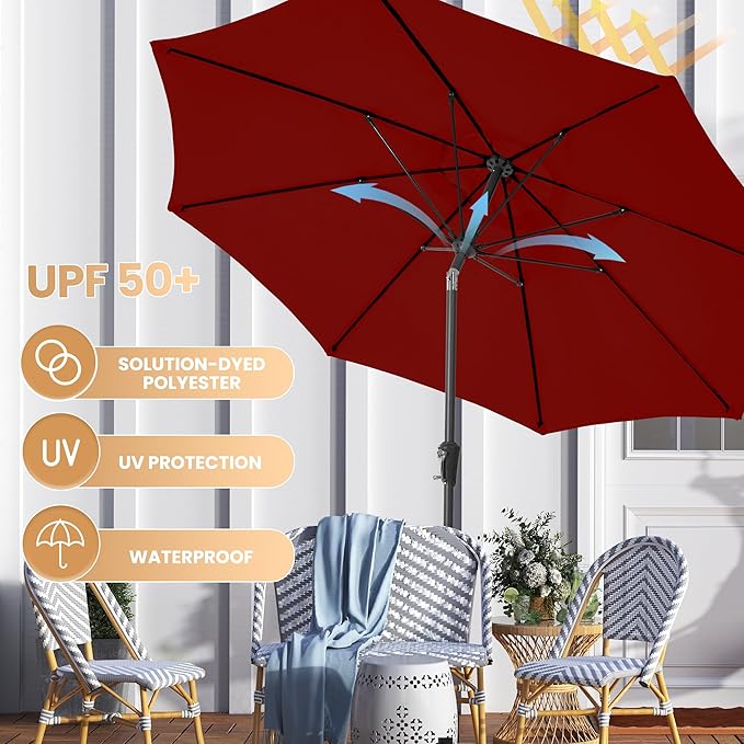 Ayge 9FT Large Outdoor Patio Umbrella Market Table Umbrella-UV Resistant, Easy Push Button Tilt and Crank, 8 Sturdy Fiberglass Ribs Heavy-Duty Pool Umbrella for Deck, Backyard,Garden,Red
