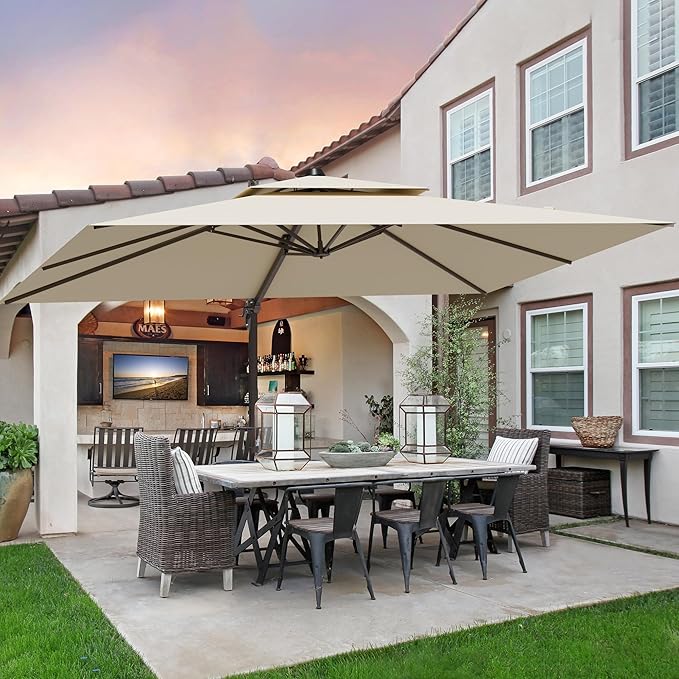 9x12FT Beige Cantilever Outdoor Patio Umbrella with Base, Large Rectangular Offset Design, Double Top Heavy Duty Aluminum Frame & 360° Rotation for Pool Garden Deck Backyard