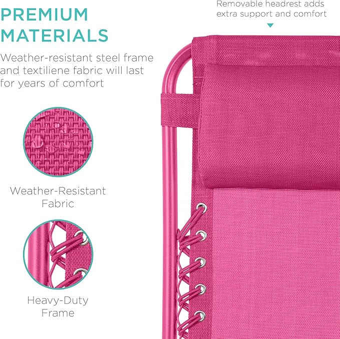 Best Choice Products Set of 2 Adjustable Steel Mesh Zero Gravity Lounge Chair Recliners w/Pillows and Cup Holder Trays - Hot Pink