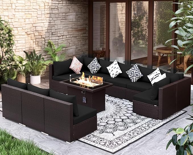 NICESOUL 11 Piece L-Shaped Outdoor Patio Furniture Set with Fire Pit Natural Gas/Propane, 29.3'' High Back Conversation Set, Extra Large Deep Couch Sofa Sectional Sets, Brown Rattan and Black Cushion