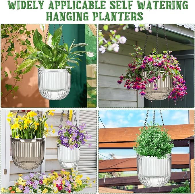 Maxcheck 4 Pcs Self Watering Hanging Planters Indoor Gift 6.5'' 4.5'' Hanging Flower Pots Baskets Outdoor Self Watering Plant with 3hooks Drainage Holes for Home(Grey,Clear)