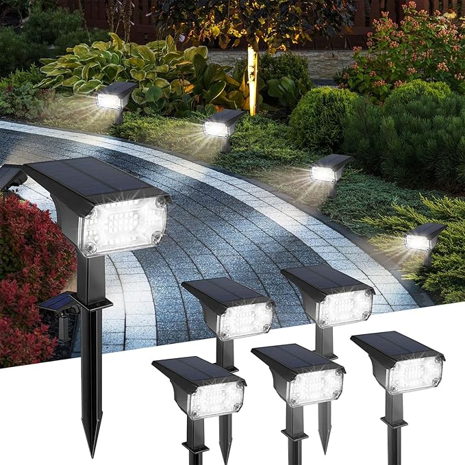 Kingsyard Solar Lights Outdoor Waterproof IP68, 47 LEDs 3 Lighting Modes USB & Solar Powered Garden Yard Pathway Spot Lights for Outside Landscape, Auto On/Off, 6 Pack(Cool White)