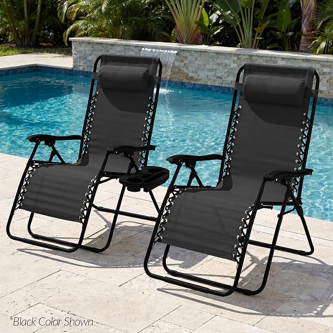 Best Choice Products Set of 2 Extra Wide Adjustable Steel Mesh Zero Gravity Lounge Chair Recliners w/Pillows and Cup Holder Trays - Black Stripes