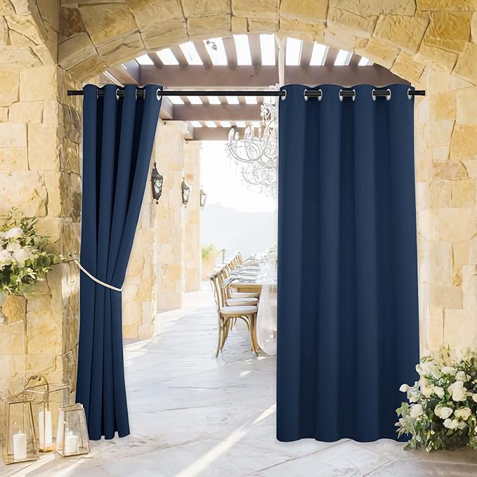 RYB HOME Outdoor Curtains for Patio Waterproof Block Sunlight Thermal Insulated Privacy Assured Thick Outside Curtains for Deck, Balcony, Pool, W52" x L63", Navy Blue, 1 Panel