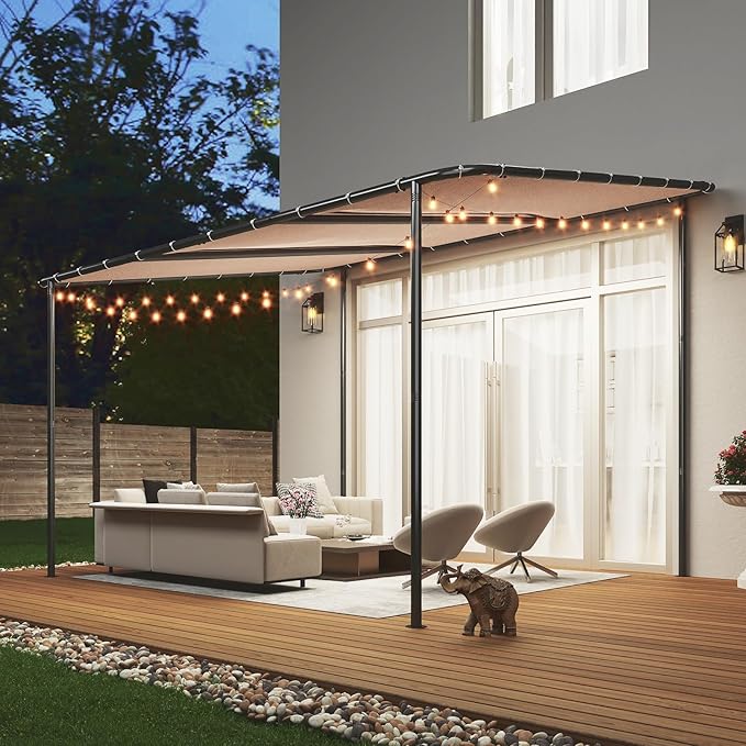 Aoxun 10x12 Lean to Gazebo Outdoor Pergola with Water Resistant & UV-Resistant, Wall-Mounted Canopy Sloped Roof Awning for Patio Backyard, Deck, or Garden Khaki