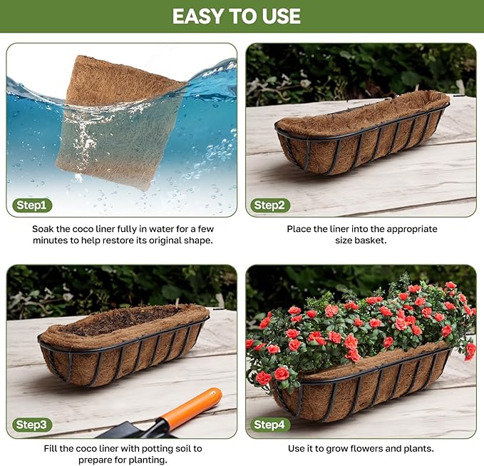 2Pcs Trough Coco Liner 24" Coco Coir Liners for Planters, Liners for Window Boxes Liners, Wall Basket Planters, Railing Hanging Baskets, Garden Planter Baskets