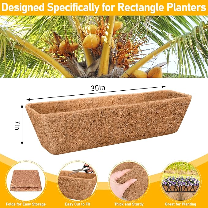 Riare 2 Pack 30 Inch Rectangle Coconut Liners for Planters, Natural Coconut Fiber Planter Liners, Window Box Liner Trough Coco Liner for Outdoor Flower, Garden Wall, Deck & Fence Planter Boxes