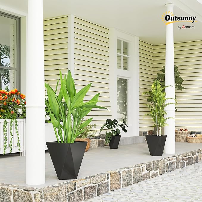 Outsunny Set of 3 Tall Planters, 18", 15.25", 11.75", MgO Indoor Outdoor Planters with Drainage Holes, Stackable Flower Pots for Garden, Patio, Balcony, Front Door, Black