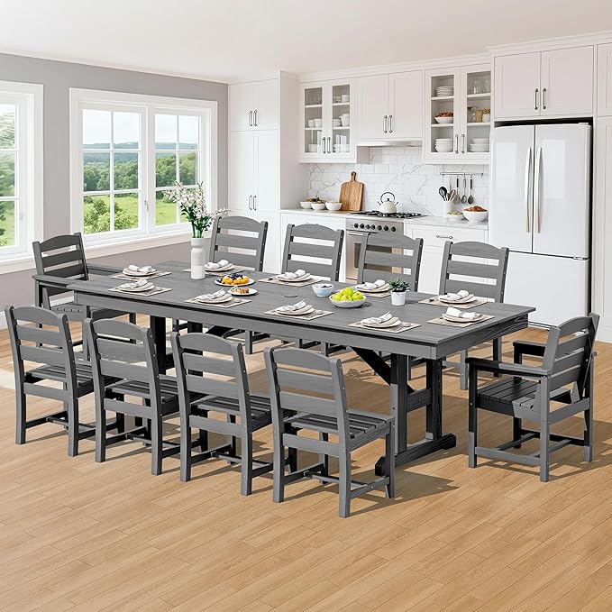SERWALL 11 Piece Outdoor Dining Set, 84" HDPE Outdoor Table and Chairs for 10，All Weather Patio Furniture Set with Umbrella Hole for Backyard, Garden, Gray