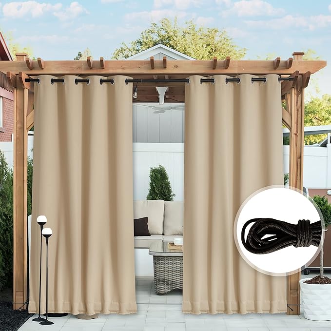 NICETOWN 2 Panels Outdoor Curtains for Patio Waterproof & Windproof, Thermal Insulated Top & Bottom Grommet & Back Tab Light Block Outdoor Drapes with Bouns Rope for Fixed, Biscotti Beige, W52 by L95