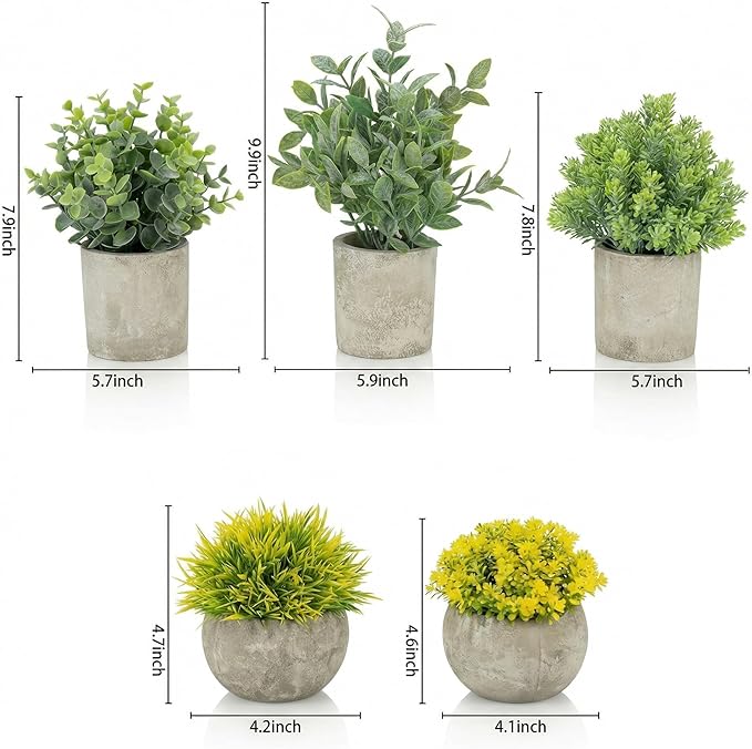 Fake Plants, 5 Pack Artificial Eucalyptus & Greenery in Cement Pots - Small Potted Faux Plants for Indoor Outdoor Shelves, Desk, Table, Farmhouse Bathroom, Office & Modern Home Decor