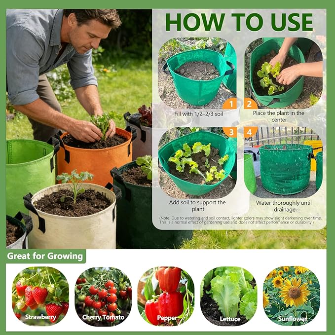 Grow Bags, 7 Pack Colorful 10 Gallon Grow Bags, Reusable Fabric Grow Bags, Foldable & Washable for Vegetables, Tomato Pots, Garden & Outdoor Growing