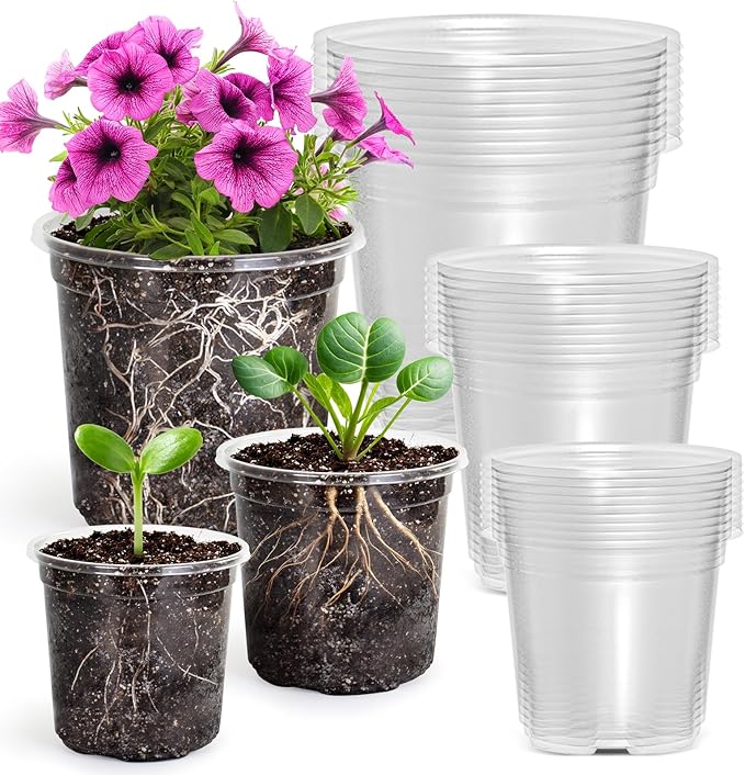 MIXC Clear Nursery Pots with Drainage Holes, 5/4/3.5 Inch Reinforced Transparent Plastic Seed Starter Pots, for Indoor Outdoor Gardening Seedling Planter, 30 Pack