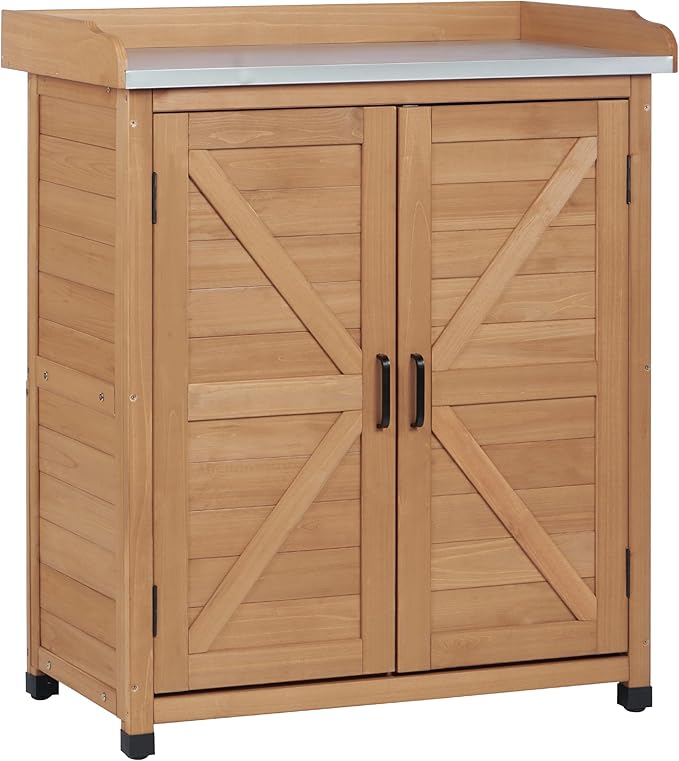 Outdoor Potting Bench with Storage Cabinet and Metal Top, Wood Workstation for Outdoor Patio, Garden (Light Brown, 31.5x17x39‘’)