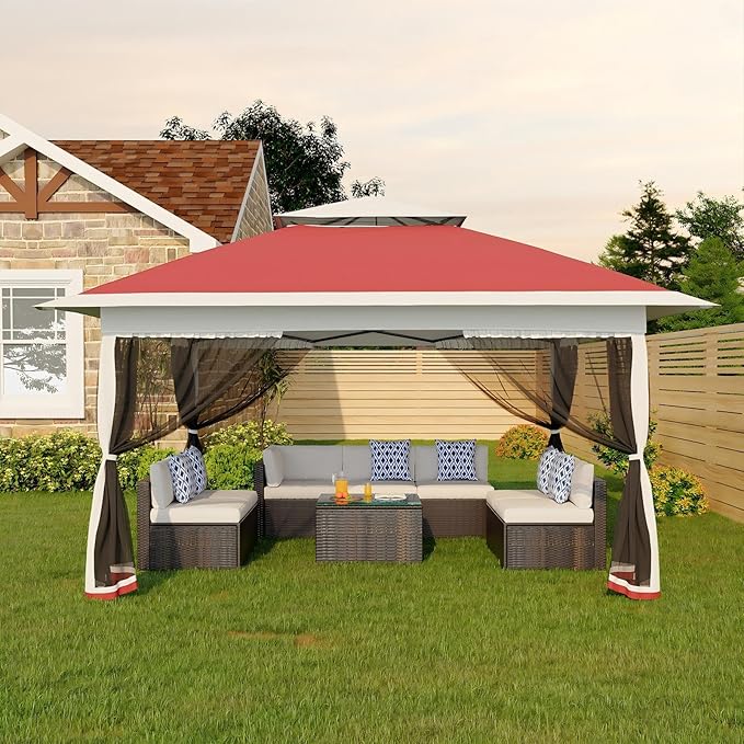 Canopy Tent 13x13 ft, Pop Up Gazebo One-Push Setup with 4 SandBags for Backyard Parties and BBQs, Mosquito Netting & Height Adjustable - Red