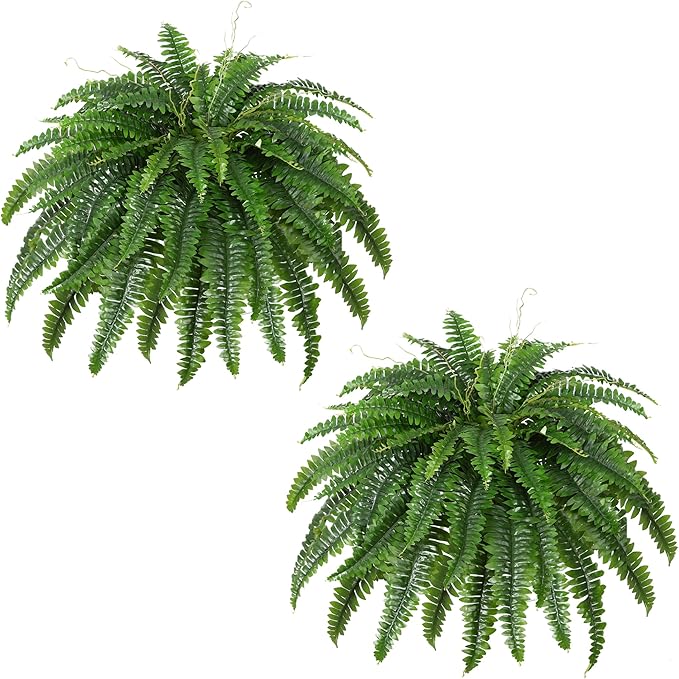 Artificial Boston Fern Bush- Set of 2 Large Artificial Ferns for Outdoors, 45Inch Large Faux Ferns, Suitable for Office & Living Room Decor, 55Branches for Each Bouquet