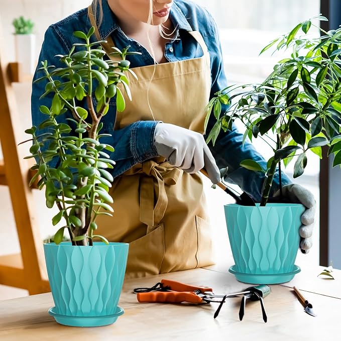 6 Pack 6 Inch Indoor Plant Pots with Drainage Holes, Outdoor Plastic Decorative Flower Pots, Garden Planters with Tray Saucers for Orchids, Violets, Succulents, Herbs, and Other Plants