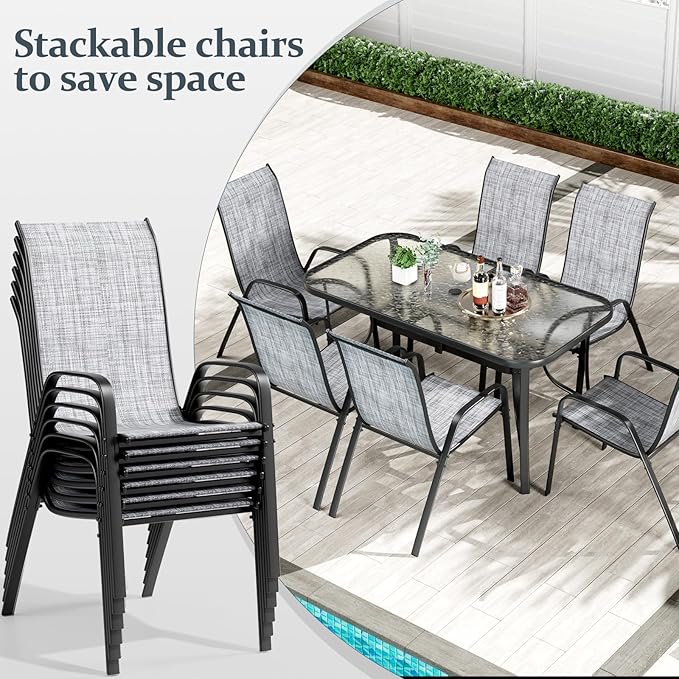 TLSUNNY 7 Pieces Patio Dining Set, Outdoor Table and Chairs W/1.69″ Umbrella Hole, 30"X 55" Table and Stackable Textilene Chair, All Weather Patio Furniture Set (Umbrella not Included) (Grey)