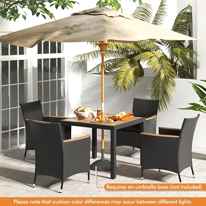 Tangkula 5 Pieces Rattan Outdoor Dining Set for 4, Outdoor Acacia Wood Table Set with 4 Cushioned Wicker Chairs, Umbrella Hole, Patio Dining Furniture Set for Deck Pool Backyard