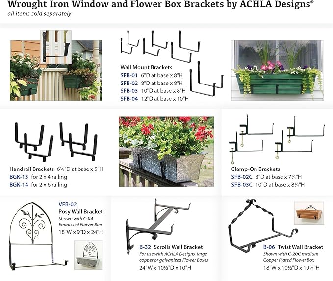 Achla Designs SFB-02 Wall-Mount, 8 inch Flower Window Box Planter Brackets, 8-inch, Black