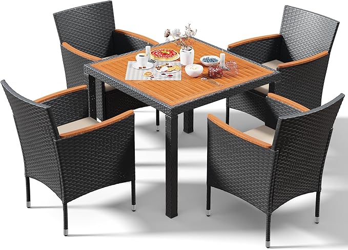 Devoko 5 PCS Furniture, Patio Conversation Set with Acacia Wood Top, Rattan Outdoor Dining Table and Chairs for Backyard, Garden, Deck, Black
