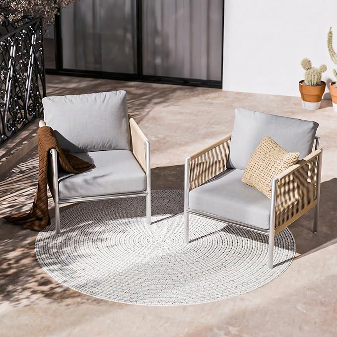 ZANDOR Aluminum Outdoor Patio Furniture 2 Pcs Armchair, All-Weather Metal Modern Outside Furniture with Washable Thick Cushion, HDPE Woven Rope Rattan Bistro Sofa Chair, Garden/Backyard/Porch, Silver