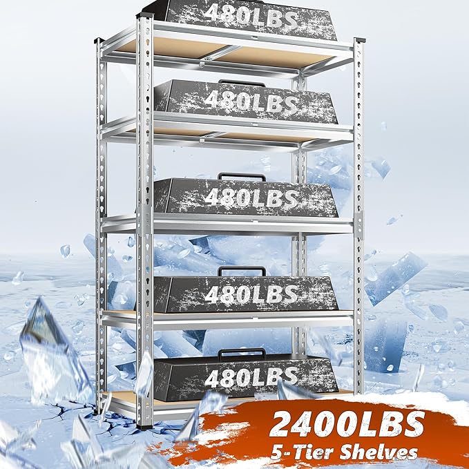 REIBII Garage Shelving, 5 Tier Storage Shelves Load 2400LBS, Adjustable Garage Shelves Heavy Duty, Metal Shelving Unit with Waterproof Columns for Warehouse, 35.5" W x 11.9" D x 72" H, Galvanized