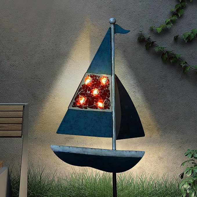 Solar Garden Lights Sailboat Stake Decor-Yard Outdoor Statue Decorations Waterproof 5 LED Metal Landscape Lighting Flower Bed,Pond,Yard,Lawn Gift for Mom Grandma Women