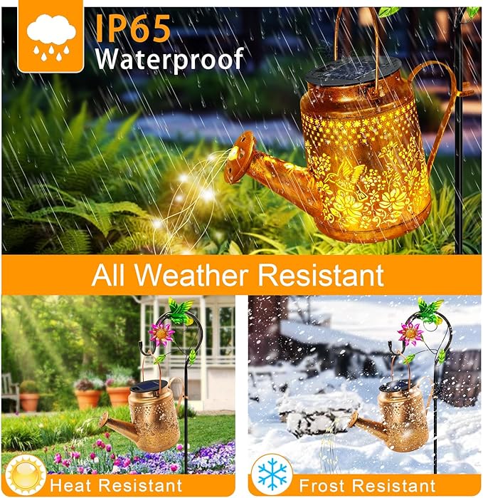 Solar Powered Hummingbird with Flowers Watering Can Lights Waterproof Outdoor Garden Decor with Shepherd Hook, Hanging Lights for Yard, Porch, Backyard Perfect Christmas Gift for Women, Mom, Grandma