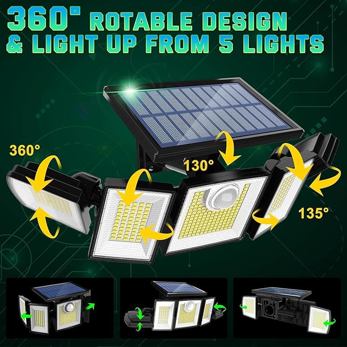 Solar Lights Outdoor Waterproof Motion Sensor - 416 LEDs 3000 Lumens Super Bright 3 Brightness 3 Modes 2400mAh 360° Illumination 32ft Solar Flood Security Light for Outside (with Stakes, 4)