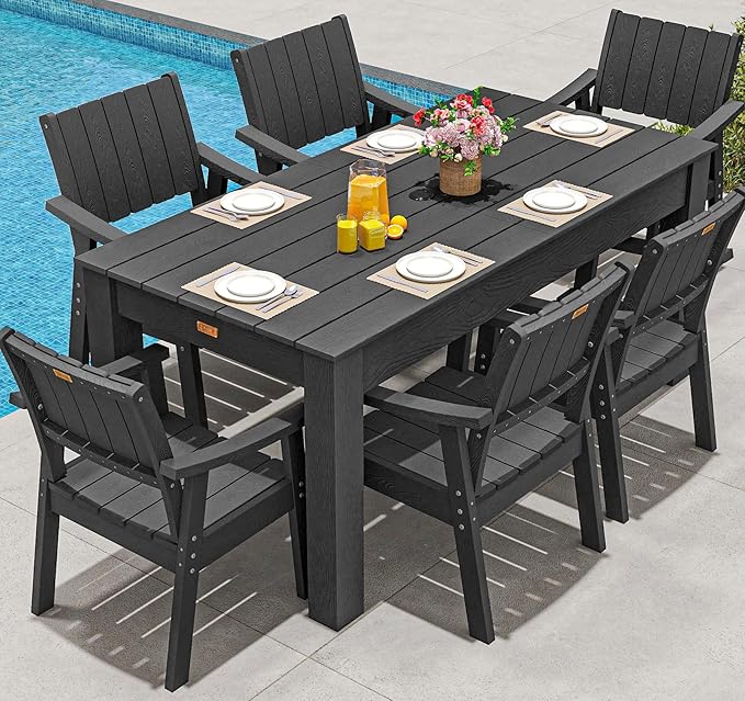 ZHUSI Patio Table and Chairs Set, Outdoor Table and Chairs,HDPE Outdoor Dining Set with Umbrella Hole for Backyard, Poolside, Porch (Black, 7 PC)