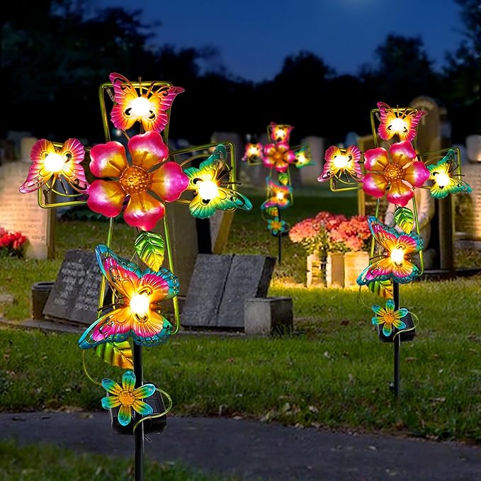 Solar Butterfly Cross Garden Stake Light, Metal Cross Cemetery Decorations for Grave Outdoor Lights, Sympathy Memorial Gifts, for Garden Lawn Yard Patio Decor