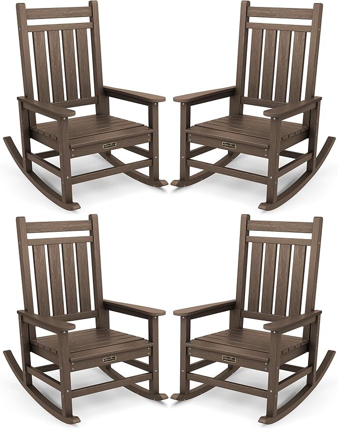 SERWALL Oversized Outdoor Rocking Chair Set of 4, HDPE Rocker for Adults, Patio Rocking Chairs for Porch, Coffee
