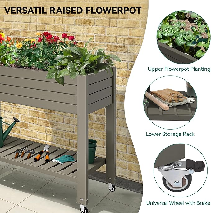 YITAHOME 43.3x17.7x34 in Elevated Garden Bed 2pcs, Outdoor Plastic Planter Box with Wheels, Legs, Drain Plug, and Storage Shelf for Plants, Vegetables, Flowers, Herbs, Light Brown