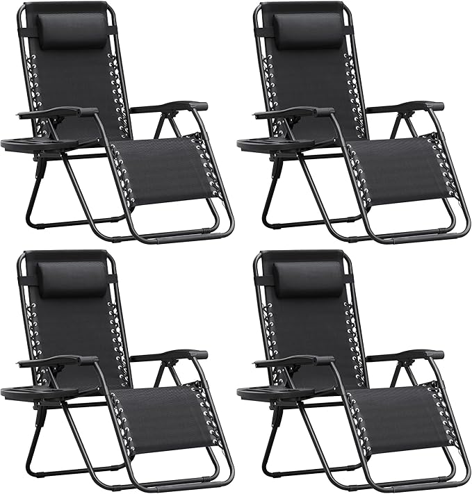 Homall Zero Gravity Chair Patio Folding Lawn Outdoor Lounge Gravity Camp Reclining Lounge Chair with Cup Holder Pillows for Poolside Backyard and Beach Set of 4 (Black)