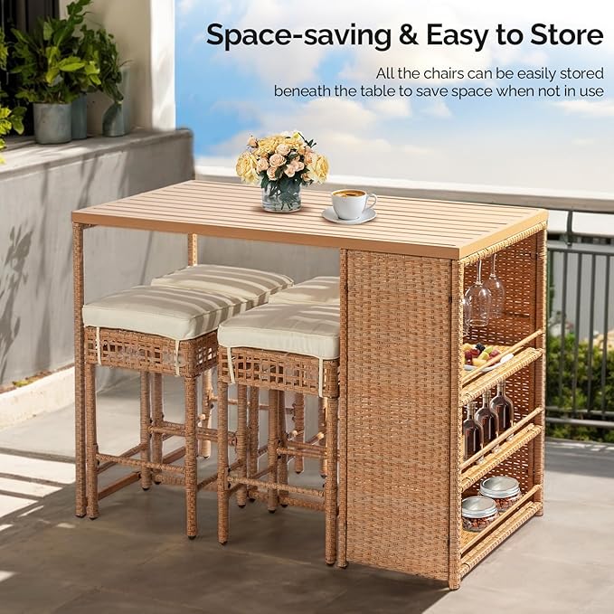 Outvita 5-Piece Outdoor Bar Set, Wicker Rattan Bar Height Patio Set w/4 Cushion Bar Stools & Table with Hidden Storage, Outdoor High Top Table and Chairs Set for Backyard, Balcony, Garden and Poolside