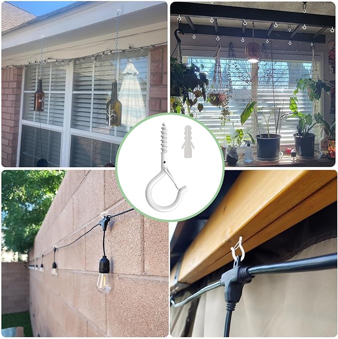 20 Pack Q Hanger Hooks with Safety Buckle, Rustproof Screw Hooks for Hanging String Lights, Bird Feeder, Plants, Wind Chimes & Holiday Decorations, Holds Up to 40 lbs（2.2" White Vinyl Coated ）